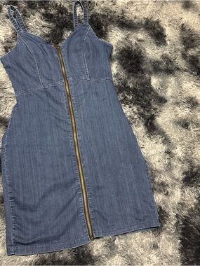 Haute Monde Denim Zip-Back Bodycon Dress - Dark Blue